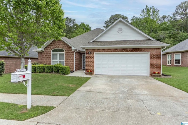 single story home featuring a shingled roof, an attached garage, brick siding, a front yard, and concrete driveway