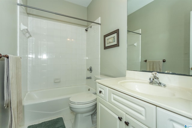 bathroom with vanity, tile patterned flooring, shower / bathtub combination, and toilet