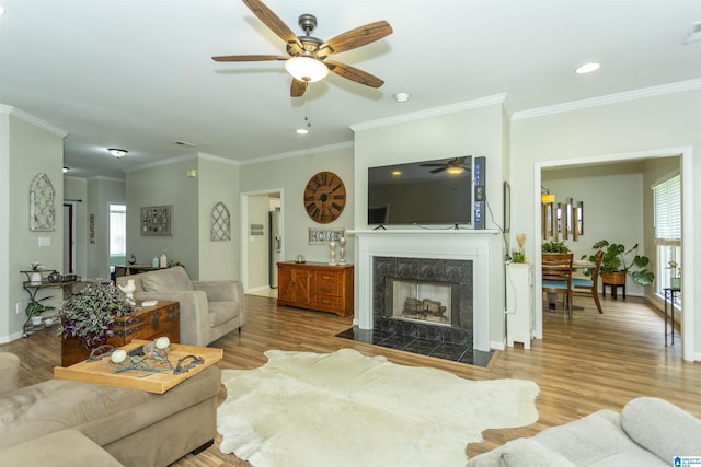living room with plenty of natural light, ceiling fan, ornamental molding, and wood finished floors