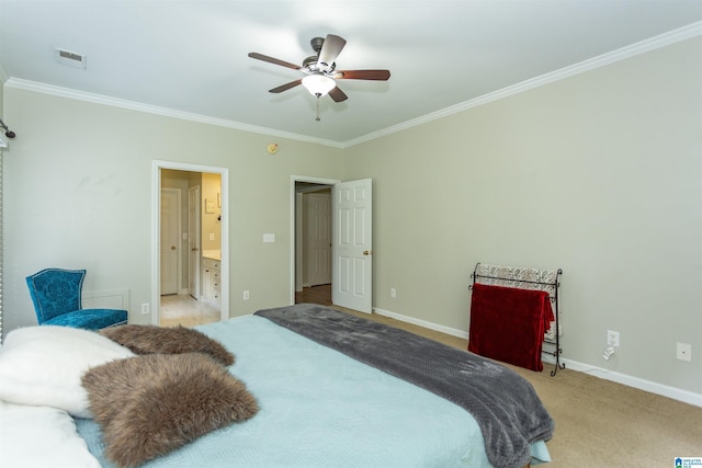 bedroom featuring light colored carpet, baseboards, visible vents, and ornamental molding