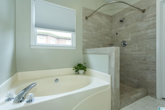 full bathroom featuring tiled shower, tile patterned floors, and a bath