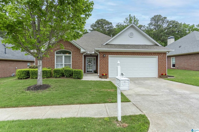 ranch-style house featuring brick siding, a garage, a front yard, and concrete driveway
