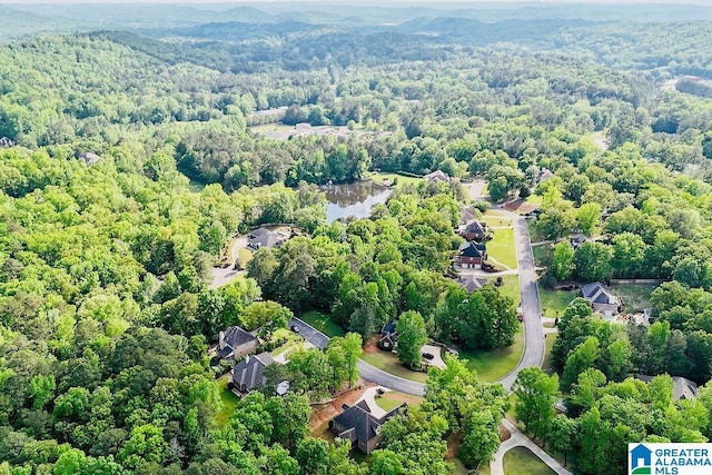 bird's eye view featuring a wooded view