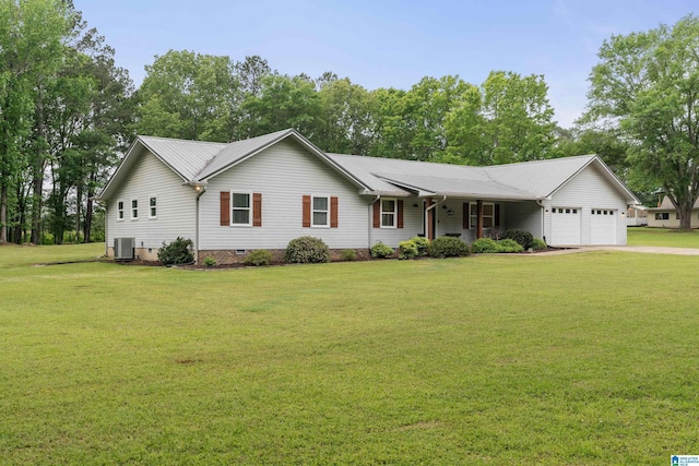 ranch-style house featuring concrete driveway, a front yard, central air condition unit, crawl space, and a garage