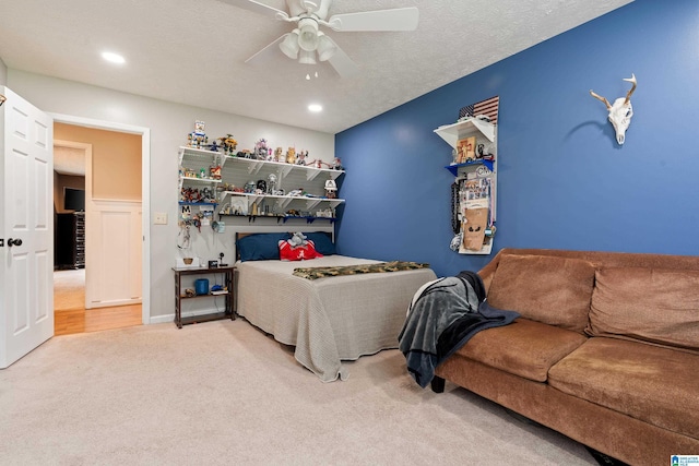 bedroom featuring ceiling fan, recessed lighting, and carpet flooring