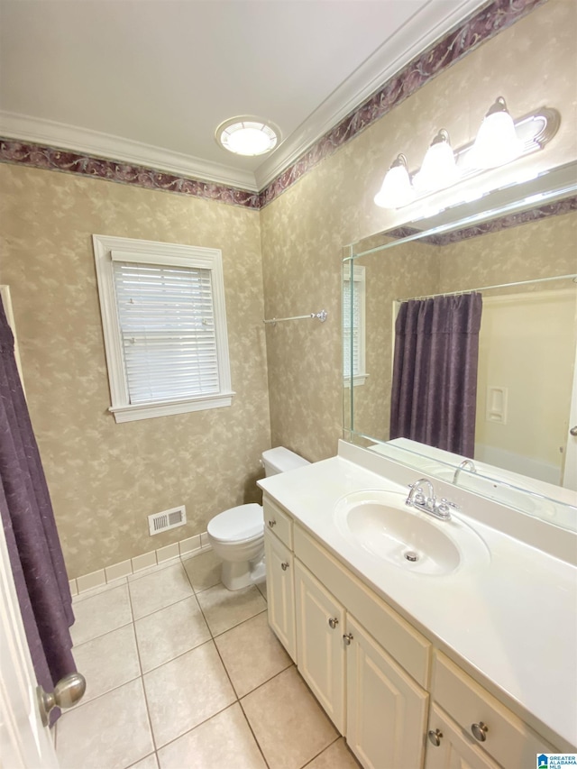 bathroom with crown molding, visible vents, toilet, tile patterned floors, and vanity