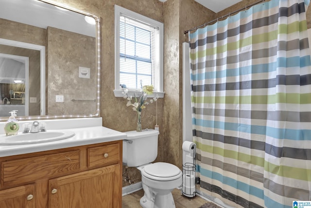 full bathroom with tile patterned floors, toilet, a shower with curtain, and vanity