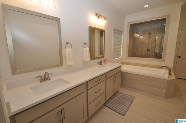 bathroom with a shower stall, a garden tub, crown molding, and a sink
