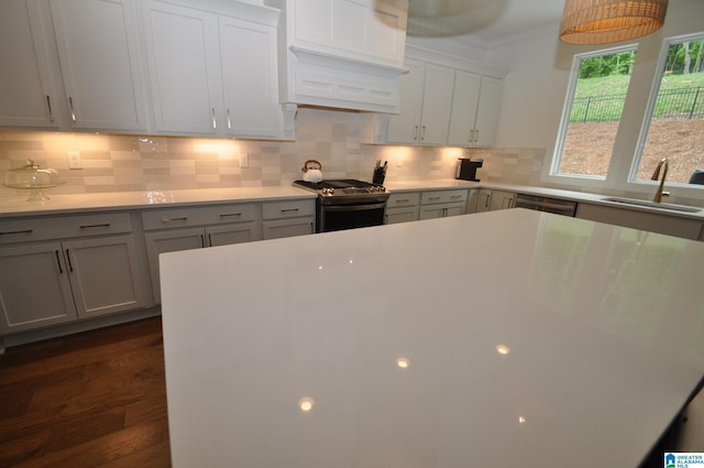 kitchen with custom range hood, appliances with stainless steel finishes, light countertops, a sink, and dark wood-type flooring