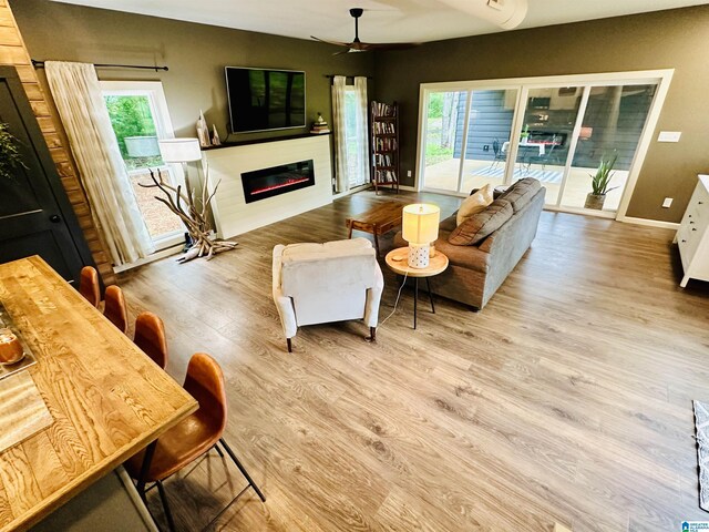 living area with ceiling fan, baseboards, wood finished floors, and a glass covered fireplace