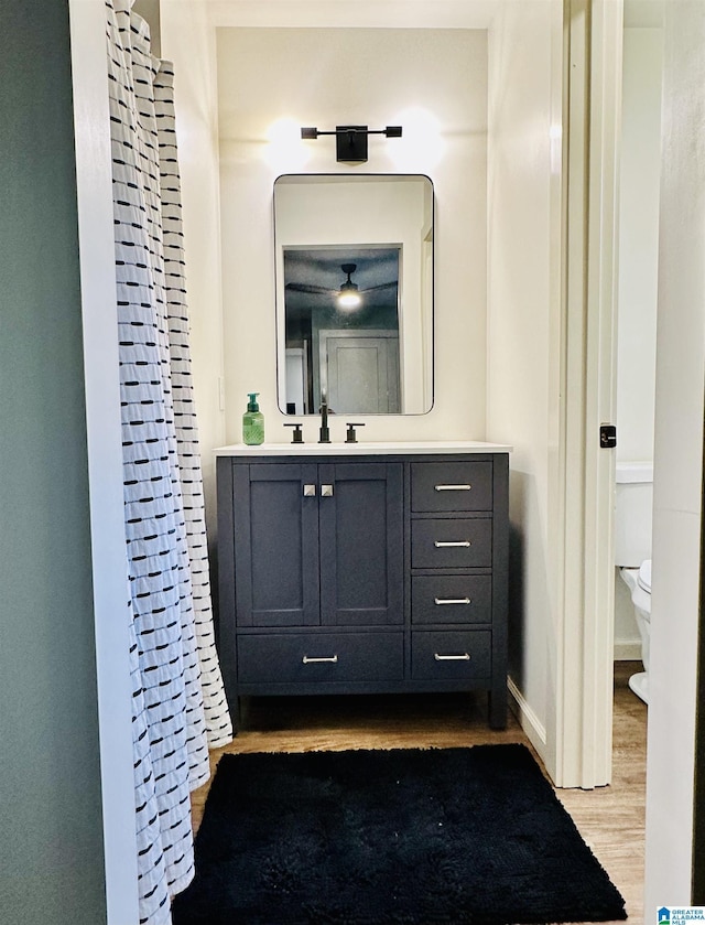 full bath featuring toilet, vanity, wood finished floors, and baseboards
