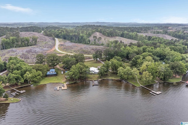 aerial view featuring a water view and a forest view