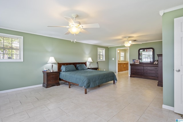 bedroom featuring crown molding, multiple windows, and light tile patterned flooring