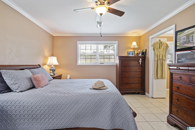 bedroom featuring a ceiling fan, baseboards, ornamental molding, and light tile patterned floors