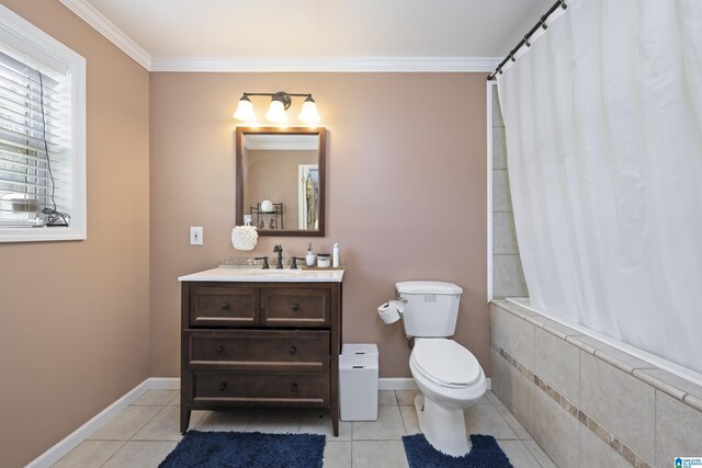 bathroom with tile patterned flooring, baseboards, crown molding, and tiled shower / bath