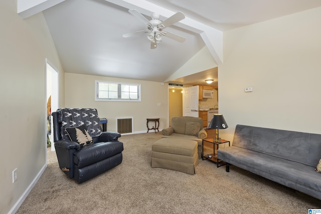 living room featuring ceiling fan, light carpet, baseboards, lofted ceiling, and visible vents