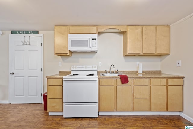 kitchen featuring dark wood-style flooring, a sink, light countertops, light brown cabinets, and white appliances