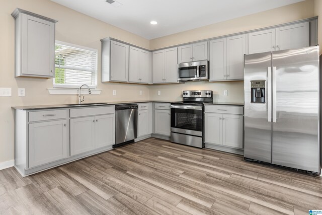 3769 Seaside Sparrow Cir, Bessemer, AL 35022 - kitchen featuring gray cabinets, recessed lighting, stainless steel appliances, a sink, and light wood-type flooring
