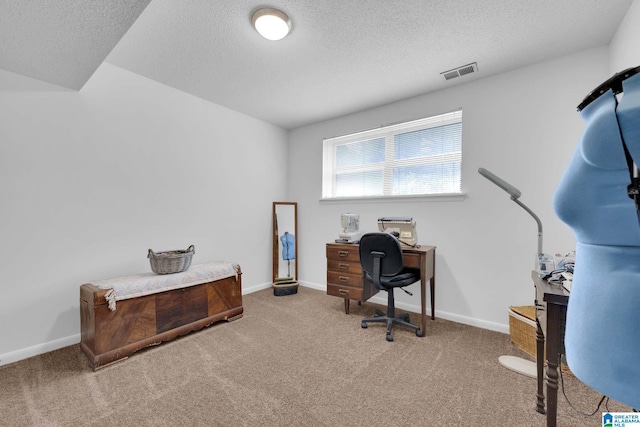 carpeted office space with a textured ceiling, visible vents, and baseboards