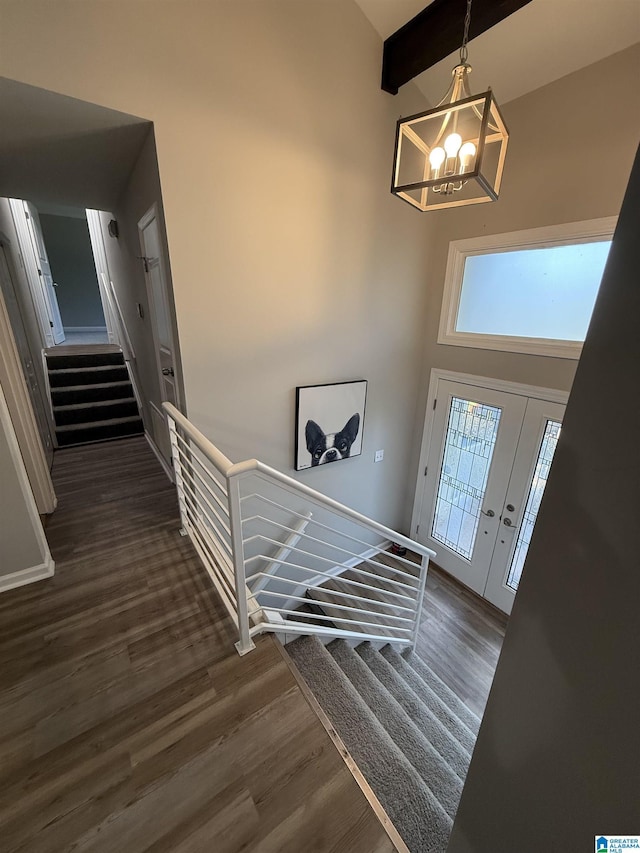 5600 Double Tree Cir, Birmingham, AL 35242 - entryway featuring stairs, wood finished floors, a towering ceiling, a chandelier, and beam ceiling