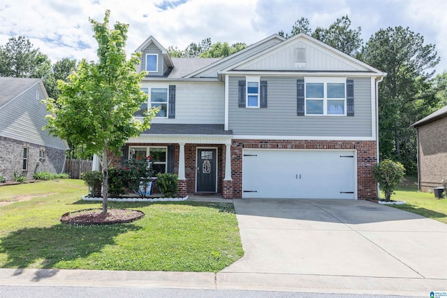 craftsman-style house featuring brick siding, an attached garage, concrete driveway, and a front lawn