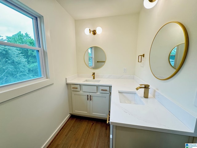 bathroom with vanity, baseboards, and wood finished floors