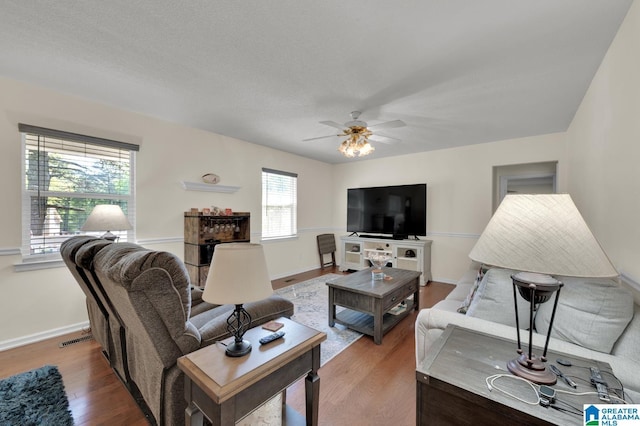 135 Hayden Springs Rd, Hayden, AL 35079 - living room featuring wood finished floors, a ceiling fan, visible vents, and baseboards