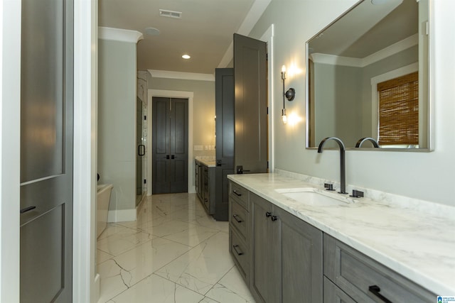 full bath featuring visible vents, two vanities, a sink, marble finish floor, and recessed lighting