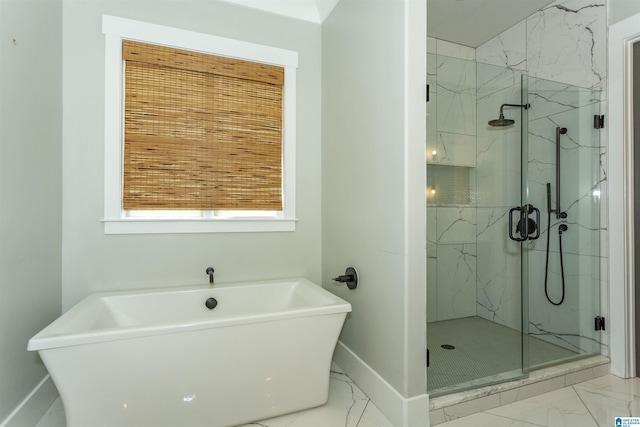 bathroom with baseboards, a marble finish shower, and marble finish floor