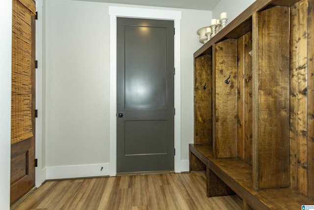 mudroom with baseboards and wood finished floors