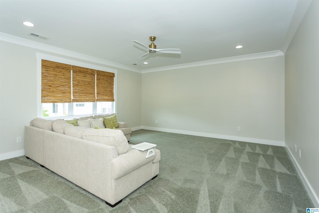carpeted living room featuring visible vents, crown molding, baseboards, recessed lighting, and a ceiling fan