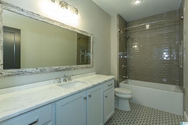 bathroom featuring shower / tub combination, toilet, and vanity