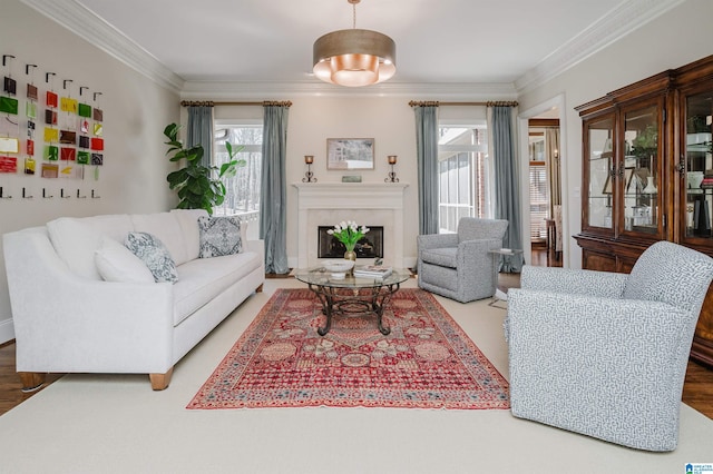 living room with a fireplace with raised hearth and ornamental molding
