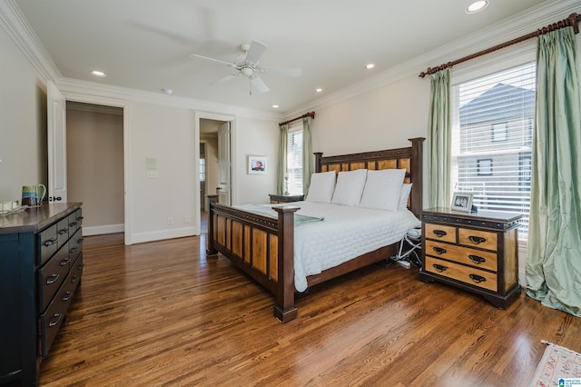 bedroom featuring recessed lighting, baseboards, ornamental molding, and dark wood finished floors