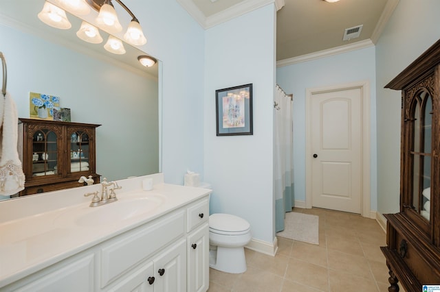 bathroom with vanity, toilet, tile patterned floors, visible vents, and ornamental molding