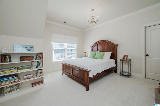 bedroom with visible vents, baseboards, an inviting chandelier, ornamental molding, and light carpet
