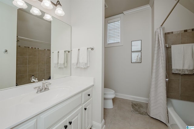 bathroom with shower / bath combo, tile patterned floors, baseboards, vanity, and toilet