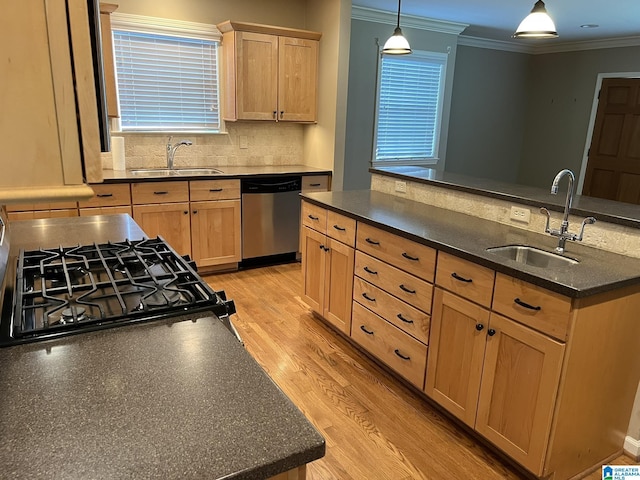 2128 Rockland Dr, Hoover, AL 35226 - kitchen with stainless steel dishwasher, a sink, light brown cabinetry, and crown molding