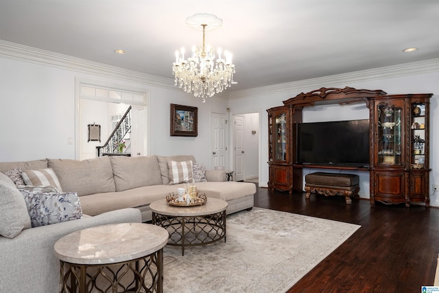 living area with an inviting chandelier, ornamental molding, stairs, wood finished floors, and recessed lighting