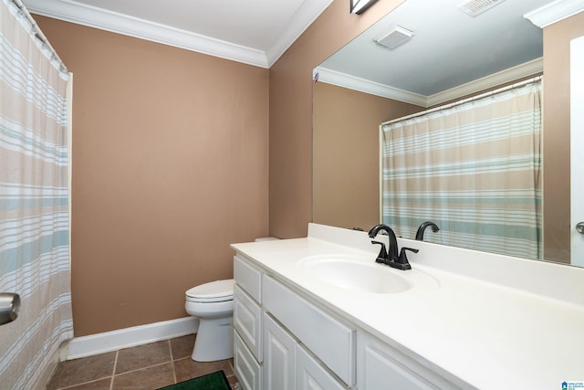 bathroom featuring crown molding, tile patterned flooring, toilet, and visible vents