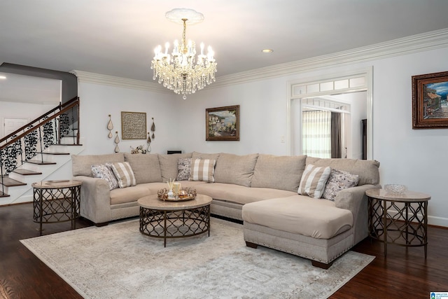 living area featuring a chandelier, stairs, baseboards, wood finished floors, and ornamental molding