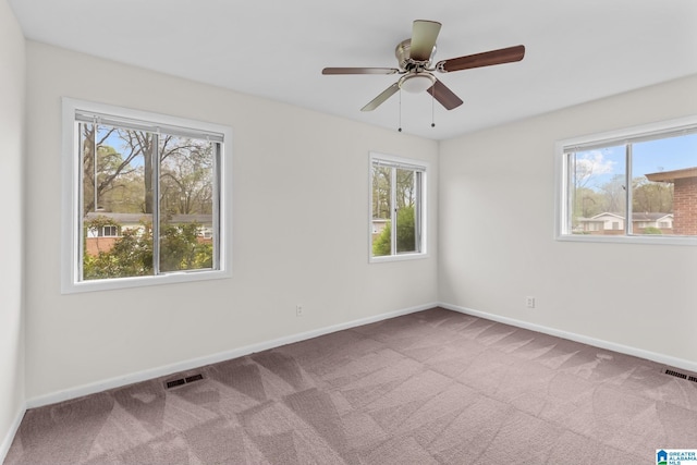 carpeted spare room with visible vents, plenty of natural light, and baseboards