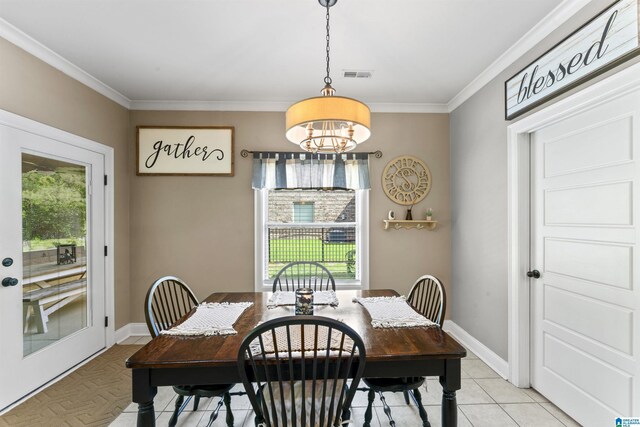 1104 Norman Way, Birmingham, AL 35242 - dining area with visible vents, crown molding, a notable chandelier, and a healthy amount of sunlight
