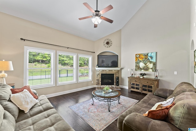 1104 Norman Way, Birmingham, AL 35242 - living room featuring wood finished floors, a fireplace, baseboards, ceiling fan, and high vaulted ceiling
