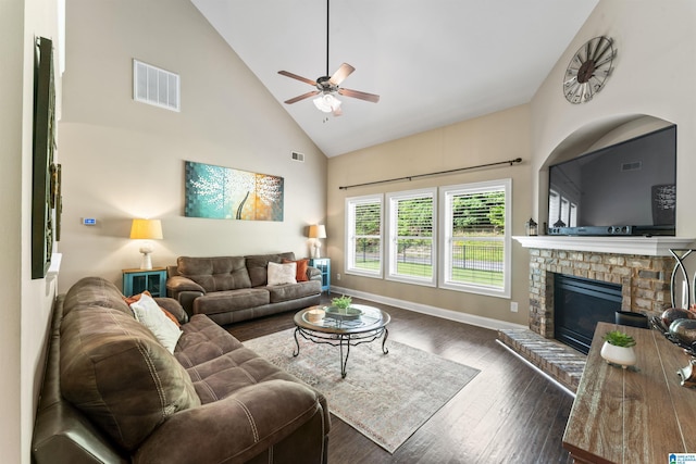 1104 Norman Way, Birmingham, AL 35242 - living room with visible vents, a ceiling fan, baseboards, and high vaulted ceiling