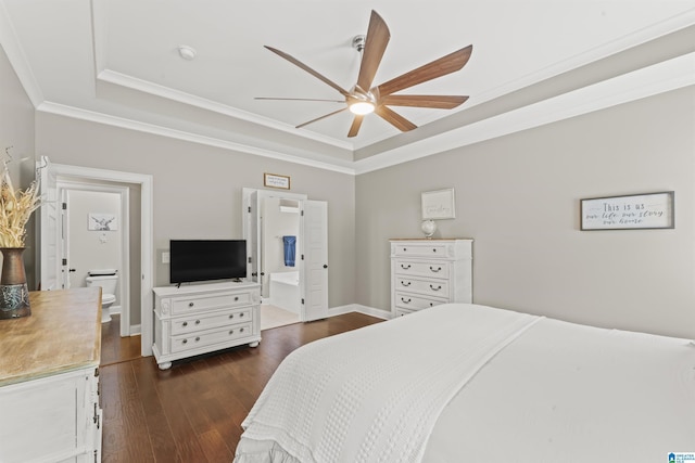 1104 Norman Way, Birmingham, AL 35242 - bedroom featuring ornamental molding, baseboards, ceiling fan, dark wood-style floors, and a tray ceiling