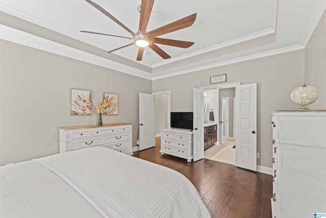 1104 Norman Way, Birmingham, AL 35242 - bedroom with ornamental molding, wood-type flooring, a tray ceiling, and ceiling fan