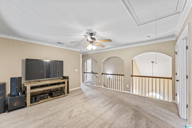 1104 Norman Way, Birmingham, AL 35242 - living room with crown molding, visible vents, attic access, a ceiling fan, and carpet