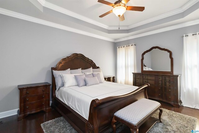 131 Creekwater St, Helena, AL 35080 - bedroom with dark wood finished floors, a raised ceiling, ceiling fan, and ornamental molding