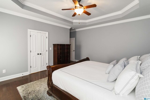 131 Creekwater St, Helena, AL 35080 - bedroom featuring wood finished floors, ornamental molding, ceiling fan, baseboards, and a tray ceiling